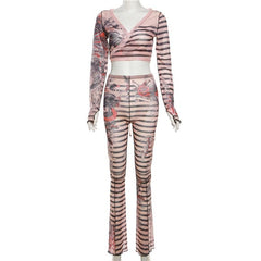 Sheer mesh striped contrast long sleeve self tie pant set