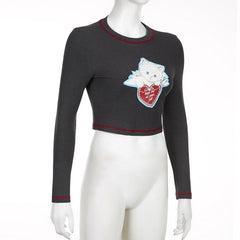 Cat pattern stitch contrast long sleeve crewneck top