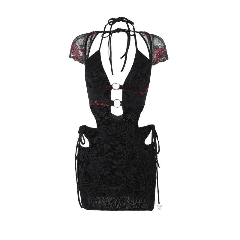 Cap sleeve halter o ring deep V neck hollow out lace mini dress