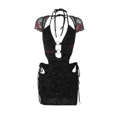 Cap sleeve halter o ring deep V neck hollow out lace mini dress