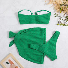 Textured solid self tie backless tube 3 piece swimwear