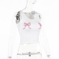 Bowknot pattern ribbed u neck contrast tank top