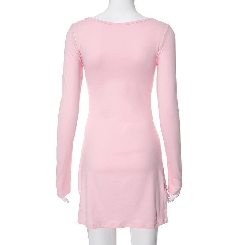 Square neck solid ruched long sleeve mini dress