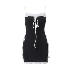 Self tie lace up backless patchwork contrast cami mini dress