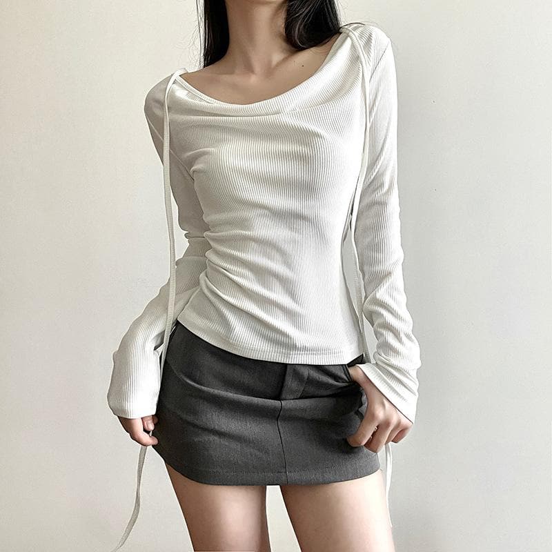 Ribbed cowl neck long sleeve solid self tie top