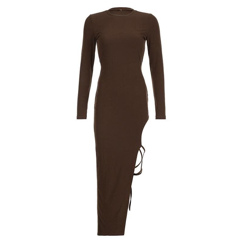 Self tie irregular long sleeve slit crewneck solid midi dress