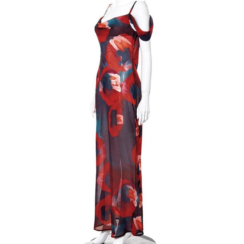 Off shoulder see through chiffon print maxi dress