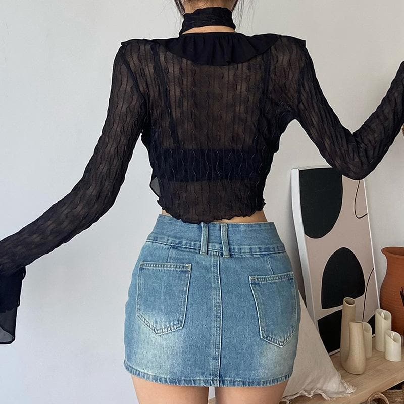 Textured solid long sleeve halter v neck ruffle flared sleeve crop top