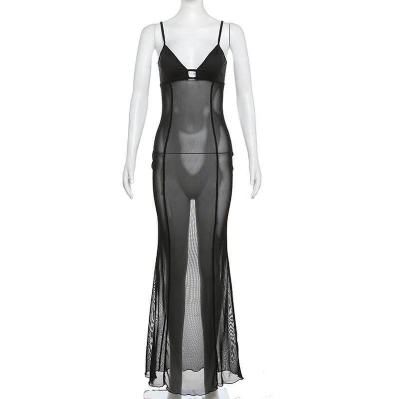 Mesh ruffle see through stitch patchwork cami maxi dress Suncoy Mesh ruffle see through stitch patchwork cami maxi dress Suncoy