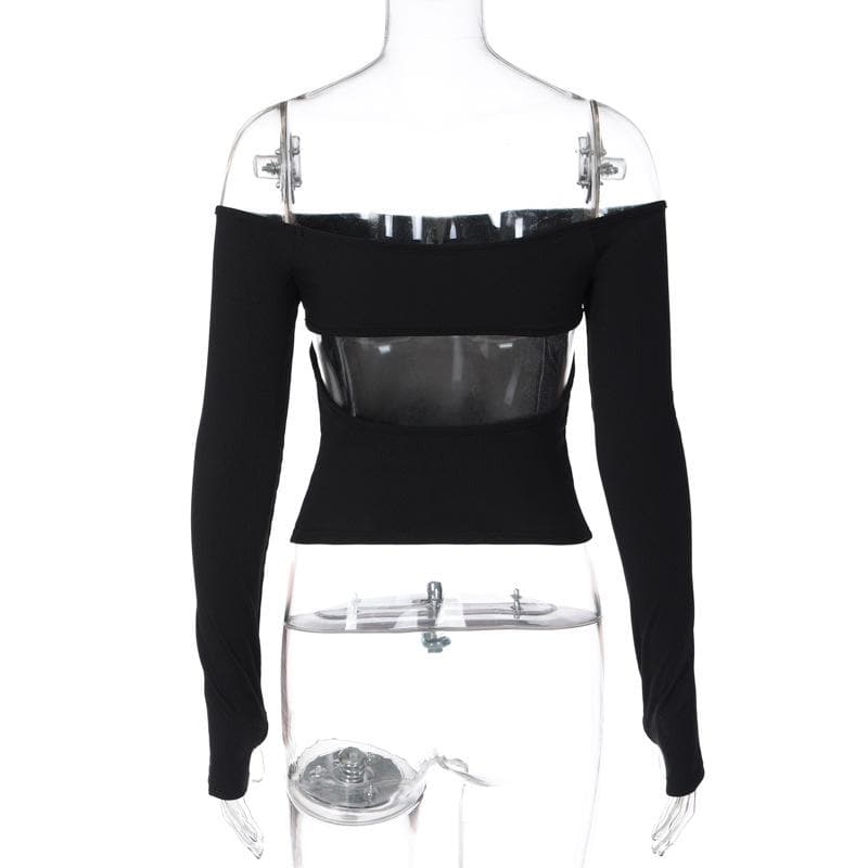 Off shoulder long sleeve gloves solid hollow out cut out top