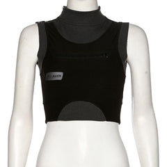 Patchwork ribbed contrast zip-up high neck sleeveless crop top