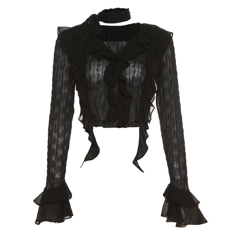 Textured solid long sleeve halter v neck ruffle flared sleeve crop top