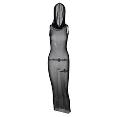 Sheer mesh see through hoodie sleeveless maxi dress