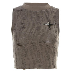 Sleeveless textured star applique hollow out solid crop cut out top