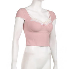 Cap sleeve lace hem textured contrast crop top