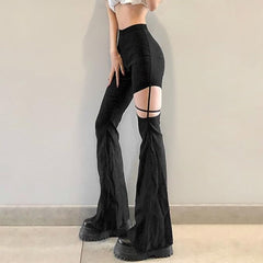 Zip up hollow out flared solid pant