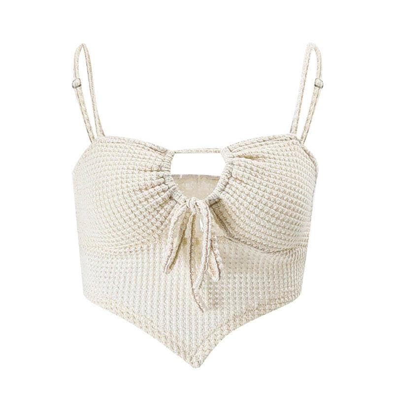 Textured drawstring square neck solid hollow out cami cut out top