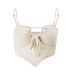 Textured drawstring square neck solid hollow out cami cut out top