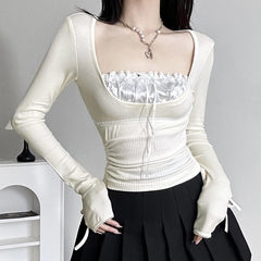 Drawstring lace hem ruched long sleeve patchwork top