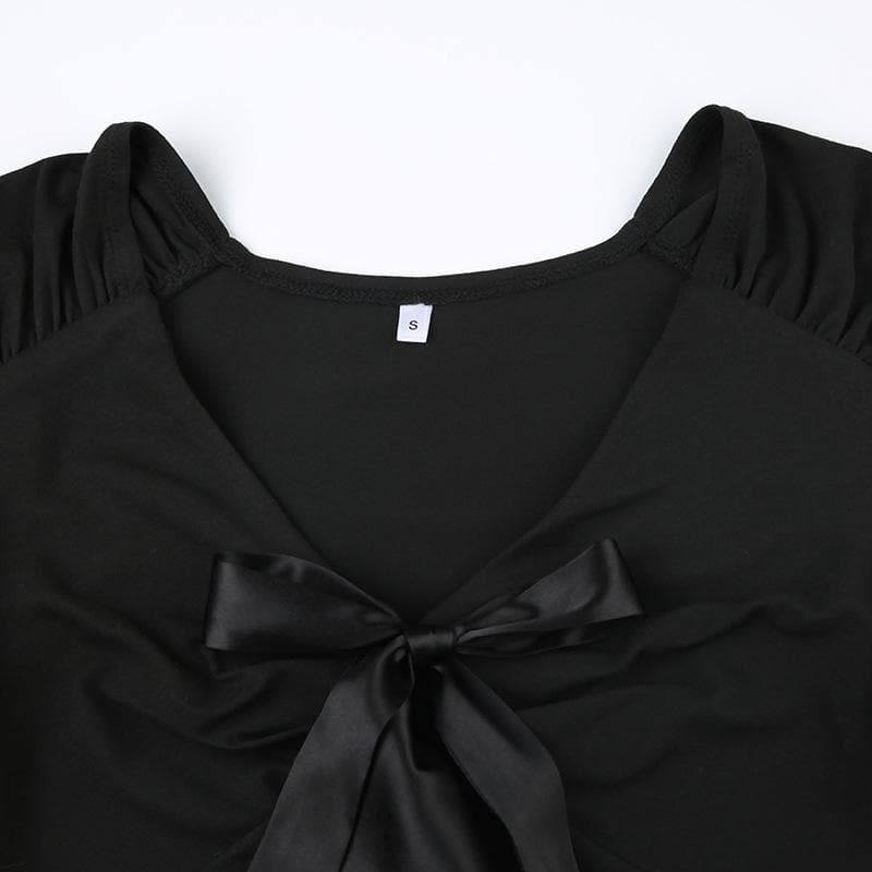 Patchwork solid long sleeve bowknot v neck top