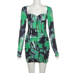 Ruched contrast print long sleeve sweetheart neck mini dress