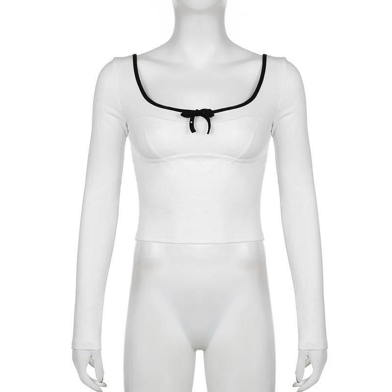 Square neck bowknot contrast long sleeve crop top