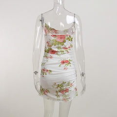 Cowl neck sheer mesh flower print ruffle cami mini dress