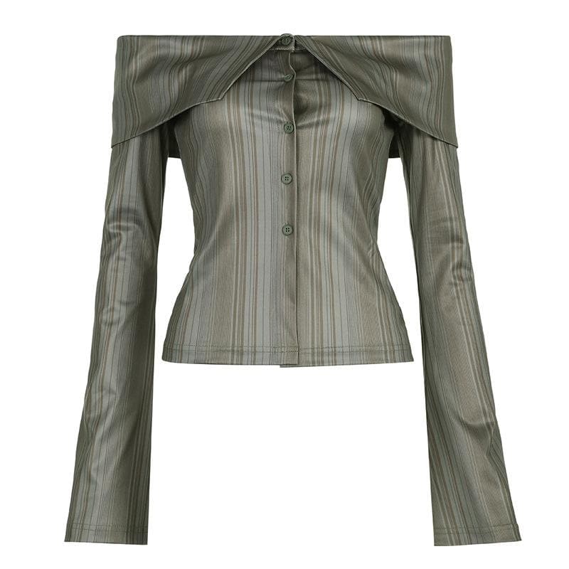 Striped off shoulder contrast long flared sleeve button top