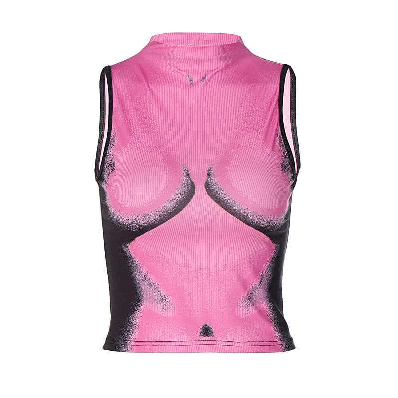 Contrast sleeveless high neck body pattern crop top