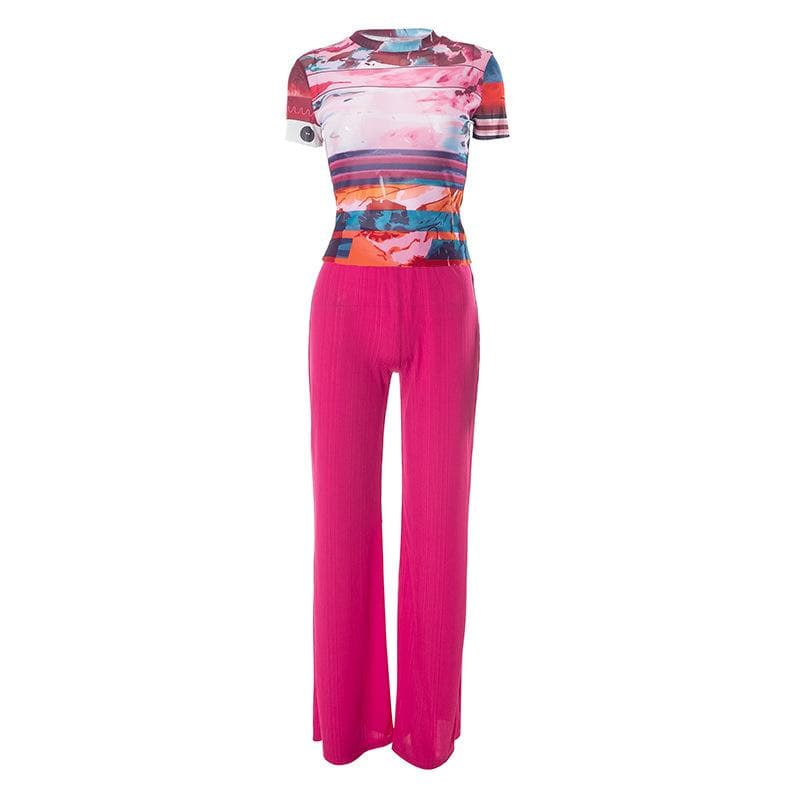 Sheer mesh see through short sleeve contrast pant set