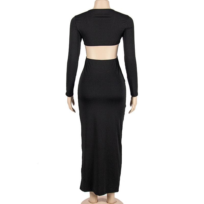 Solid o ring long sleeve v neck hollow out maxi dress