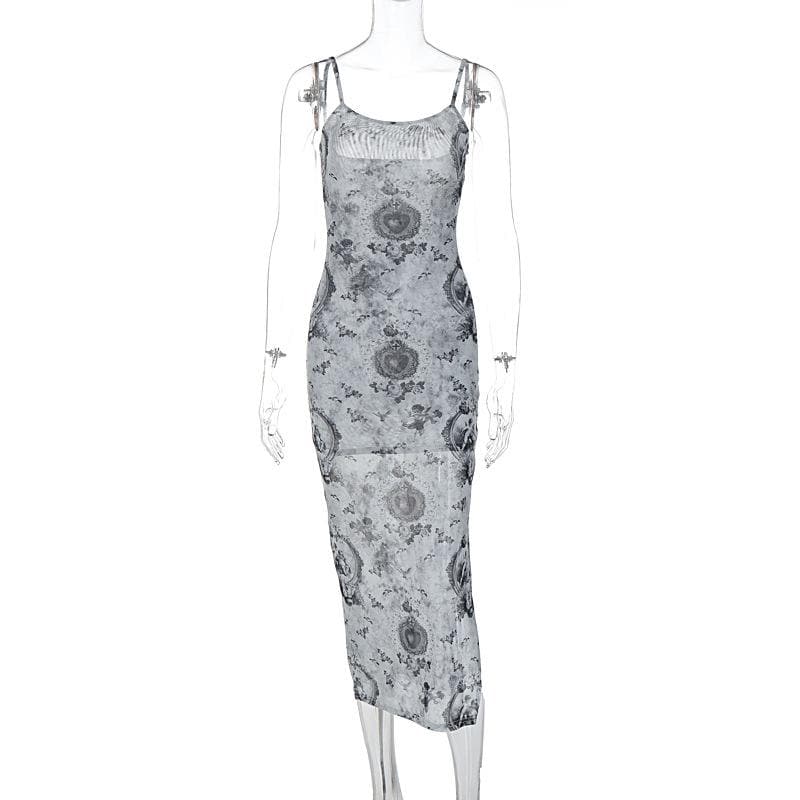 Slit contrast print sheer mesh see through u neck cami midi dress
