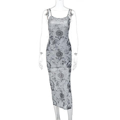 Slit contrast print sheer mesh see through u neck cami midi dress