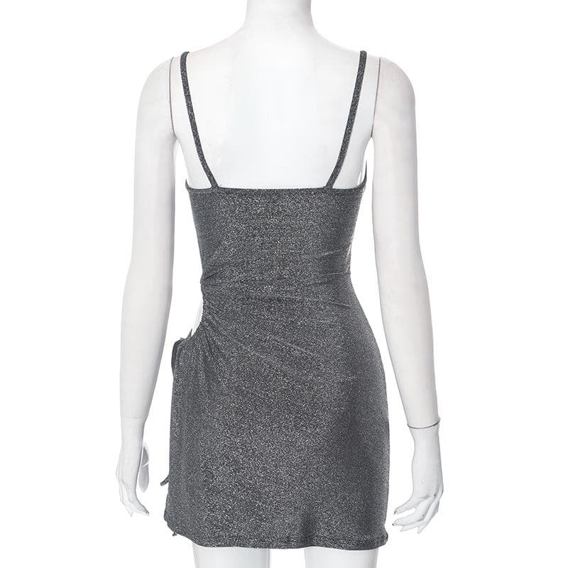 Backless hollow out drawstring ruched u neck textured mini dress