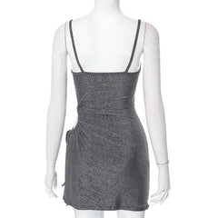 Backless hollow out drawstring ruched u neck textured mini dress