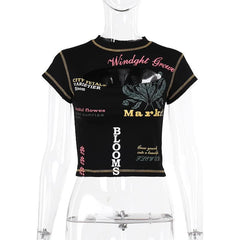 Contrast print short sleeve stitch hollow out crewneck crop cut out top