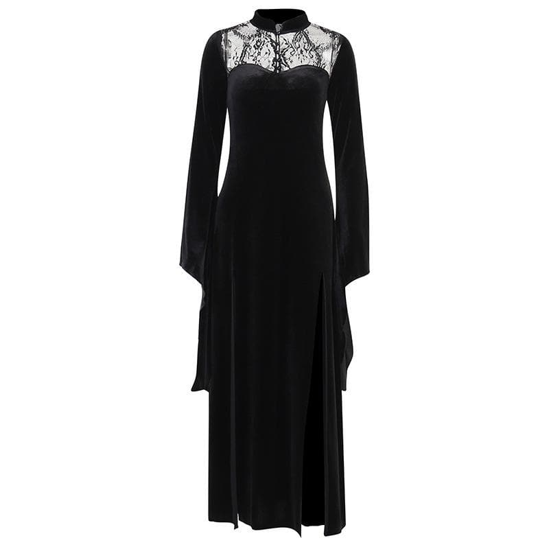 Velvet lace patchwork button solid high neck long flared sleeve slit midi dress