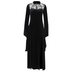 Velvet lace patchwork button solid high neck long flared sleeve slit midi dress