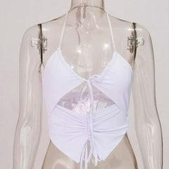 Double layered halter drawstring hollow out ruched solid crop cut out top