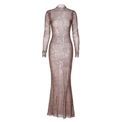 Sheer mesh see through high neck long sleeve beaded maxi dress