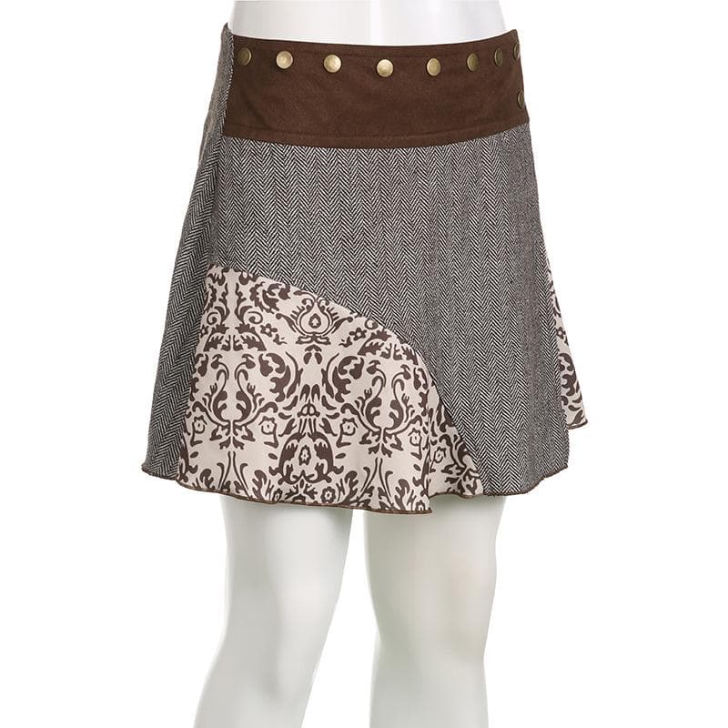 Patchwork contrast zip-up button A line mini skirt