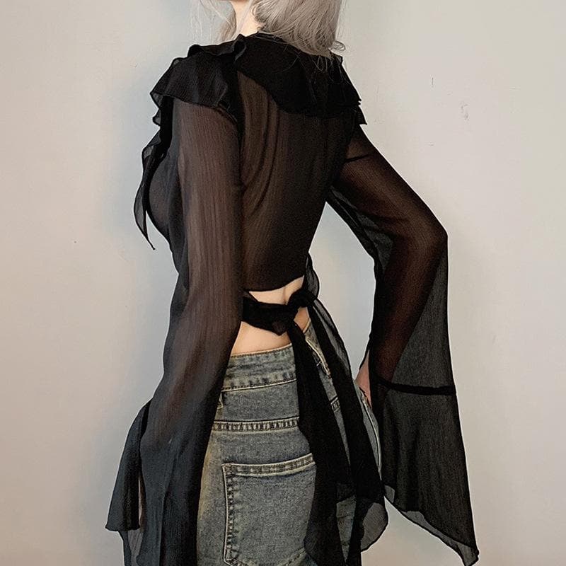Solid long sleeve turnover collar bowknot self tie crop top