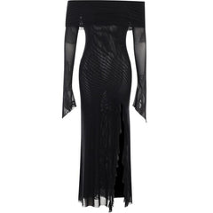 Off shoulder slit sheer mesh see through long sleeve maxi dress