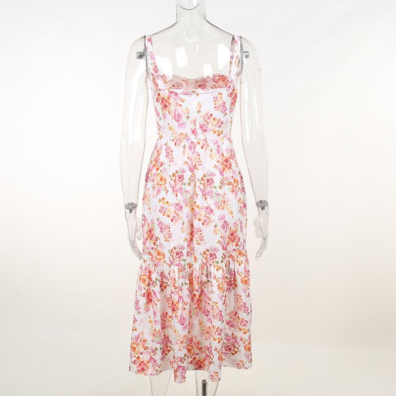 Ruched flower print contrast sleeveless midi dress