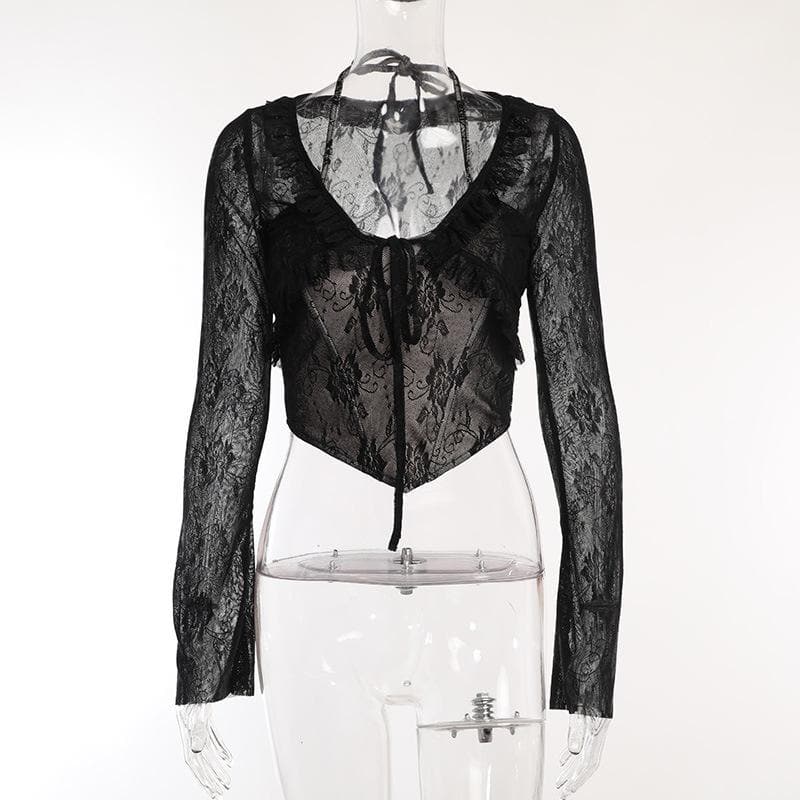Lace corset long sleeve 2-way ruffle 2 piece crop top