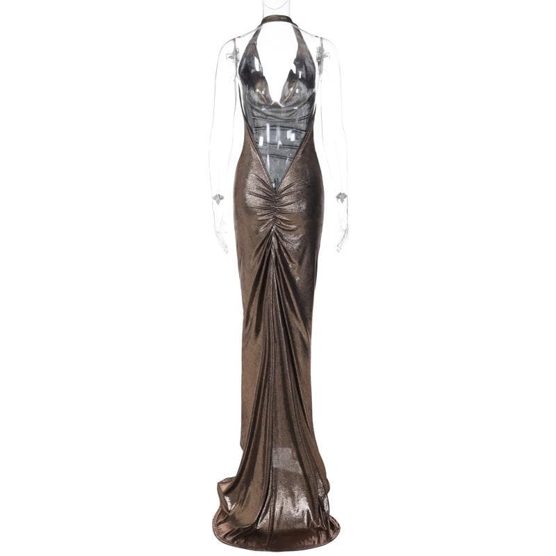 Metallic cowl neck ruched halter backless maxi dress