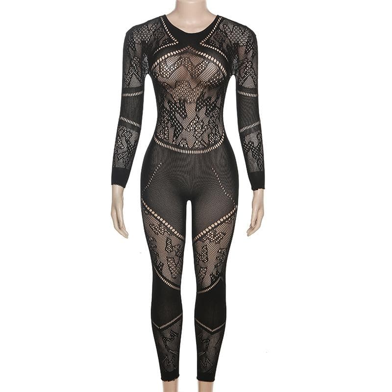 Crewneck fishnet long sleeve hollow out solid see through jumpsuit