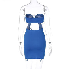 Ruched hollow out solid o ring ruffle backless tube mini dress