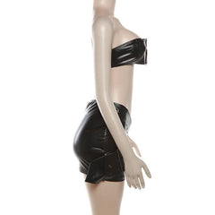 Buckle PU leather cross front backless solid tube mini skirt set