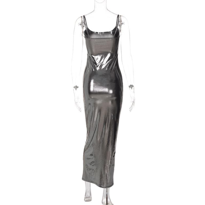 Metallic square neck backless cami maxi dress